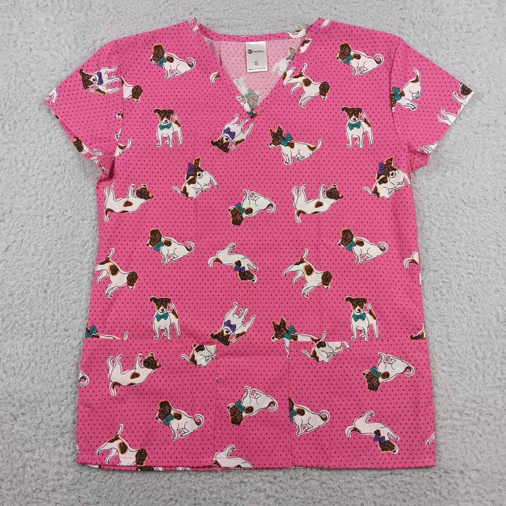 24/7 Comfort Scrub Top Women S Pink Dog Polka Dot V-Neck Short Sleeve Pockets